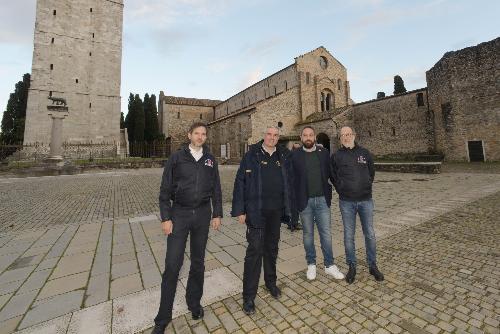 Il vicegovernatore della Regione, Riccardo Riccardi, con il capo dipartimento nazionale della Protezione civile, Angelo Borrelli, il direttore della Pc regionale Amedeo Aristei e il sindaco di Aquileia Emanuele Zorino